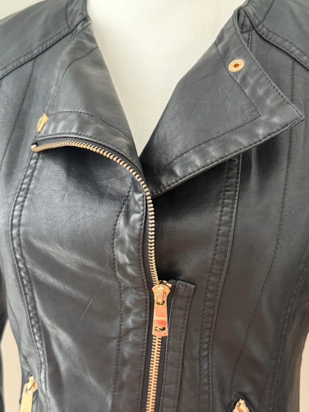 Women's Black Faux Leather Asymmetric Zip Jacket with Gold Hardware - Picture 2 of 12